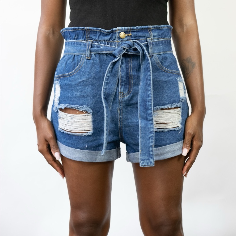 DISTRESSED DENIM PAPERBAG SHORTS